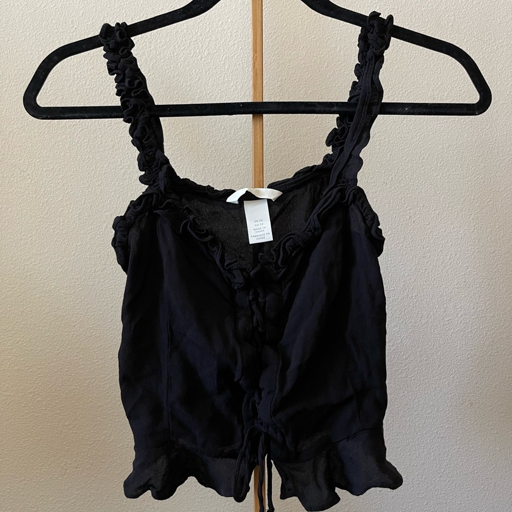 Cropped Lace Up Tank Top with Ruffle Trim